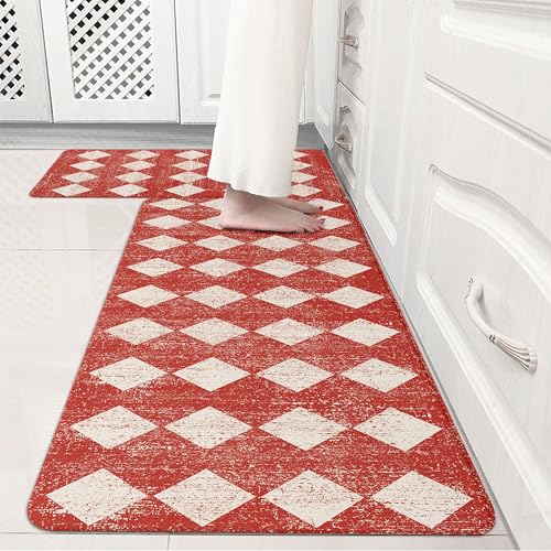 Moroccan Trellis Red Checkered Kitchen Rug Sets [2 PCs], Anti-Fatigue, Waterproof Non-Slip Kitchen Mats Heavy Duty Ergonomic Comfort Foam Rug for Floor, Home, Laundry,17"x29"+17"x47" - color: Trellis-red, size: 17.3"x29"+17.3"x47"-0.4"H