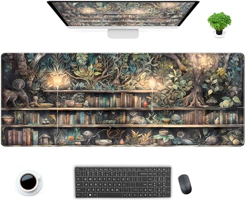 Kawaii Green Tree Desk Mat Cute Mouse Pad Anime Forest Library Book Mousepad XL Large Extended Gaming Desk Matt for Desktop, Keyboard and Mouse Mat for Women Office Decor Accessories 31.5x11.8 in - color: Brown Forest Library, size: 31.5" x 11.8"