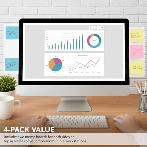 Computer Monitor Memo Board, 4 Pack, Sticky Note Holder, Semi-Transparent Flexible PVC, Monitor Adhesive Message Boards, Desk Accessories & Workspace Organizers, 12" L x 3" W, Non-Acrylic - size: 4 Pack