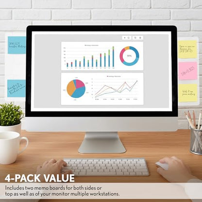 Computer Monitor Memo Board, 4 Pack, Sticky Note Holder, Semi-Transparent Flexible PVC, Monitor Adhesive Message Boards, Desk Accessories & Workspace Organizers, 12" L x 3" W, Non-Acrylic - size: 4 Pack