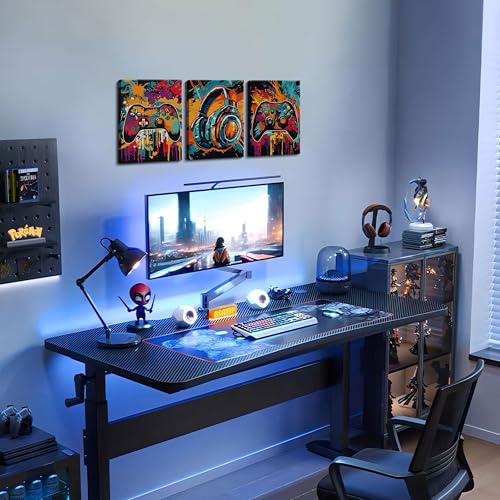 3Pcs Cool Gaming Wall Art Set, Retro Video Game Neon Gamepad Watercolor Canvas Prints for Boys Room, Teen Gaming Pictures Wall Decor, Gamer Painting Art for Kids Bedroom 12x16 inch Framed - color: Graffiti-style Game Canvas, size: Canvas 12x16 inch