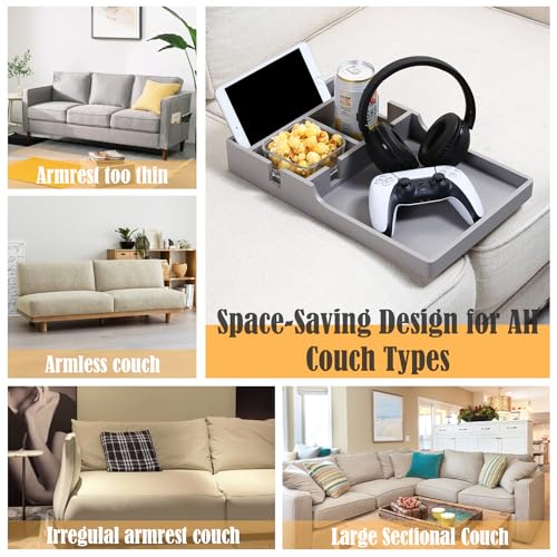 Nnewvante Couch Tray Between Cushion, 2-in-1 Insert & Flat Sofa Organizer Bamboo with 4 Compartments,Fits Middle Couch or Ottomans,for Snacks, Drinks, Remotes,15.35x9.84-inch,Gray - color: Gray