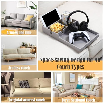 Nnewvante Couch Tray Between Cushion, 2-in-1 Insert & Flat Sofa Organizer Bamboo with 4 Compartments,Fits Middle Couch or Ottomans,for Snacks, Drinks, Remotes,15.35x9.84-inch,Gray - color: Gray