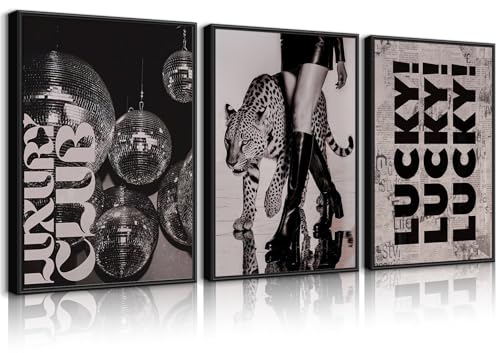 3Pcs Black Trendy Leopard Wall Art Fashion Cheetah Posters Funky Disco Ball Pictures Lucky Vintage Preppy Canvas Prints Luxury Aesthetic Wall Decor for Girly Bedroom Apartment Dorm Unframed16x24in - color: black-poster, size: 16L" x 24W"