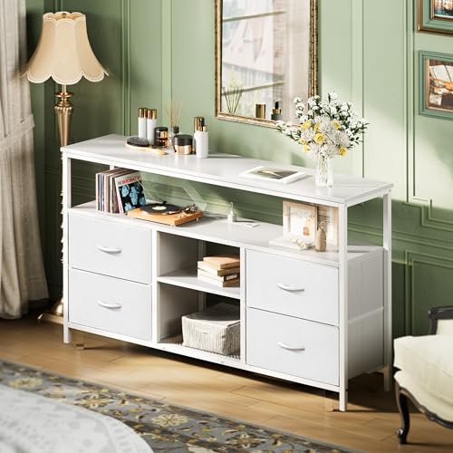 Huuger 47 Inch TV Stand Dresser with Power Outlets and LED Lights, 4 Drawers Entertainment Center with Open Shelf, Media Console for 55 50 Inch TV, Dresser with PU Finish, White - color: White, size: 47.2 Inches