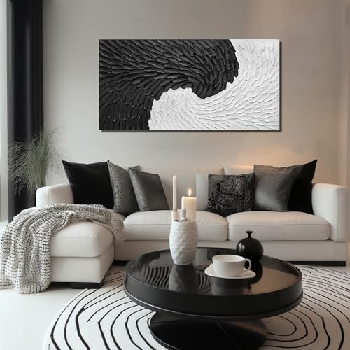 Black and White Hand Painted Wall Art for Bedroom Abstract Wall Decor for Living Room Modern 3D Big Wall Art for Office 24 x 47 Inch - color: Black and White, size: 47"L x 24"W