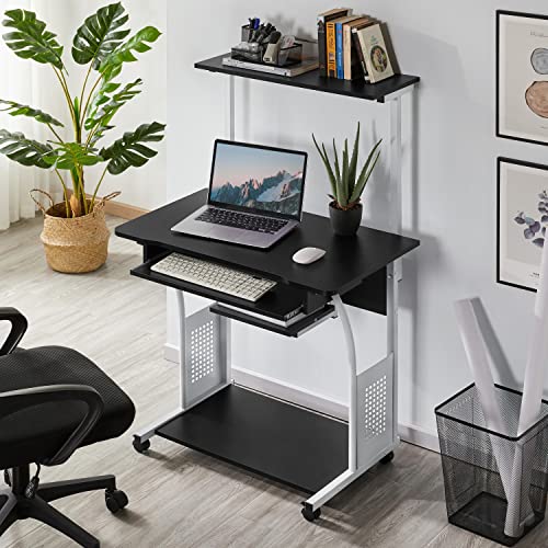 Yaheetech 2 Tier Mobile Computer Desk with Printer Shelf & Keyboard Tray Rolling Computer Table for Small Spaces, Compact Study Workstation with Wheels, Space Saving, Black - color: Black