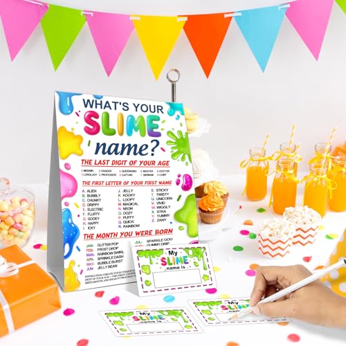 Birthday Party Activity Card Set, Fun Theme Party Decor with Name Sign and Decorative Stickers, Guest Interaction Table Decor for Adult Birthday Celebrations - style: Slimes