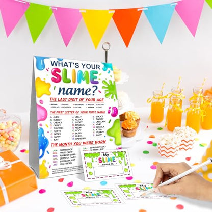Birthday Party Activity Card Set, Fun Theme Party Decor with Name Sign and Decorative Stickers, Guest Interaction Table Decor for Adult Birthday Celebrations - style: Slimes