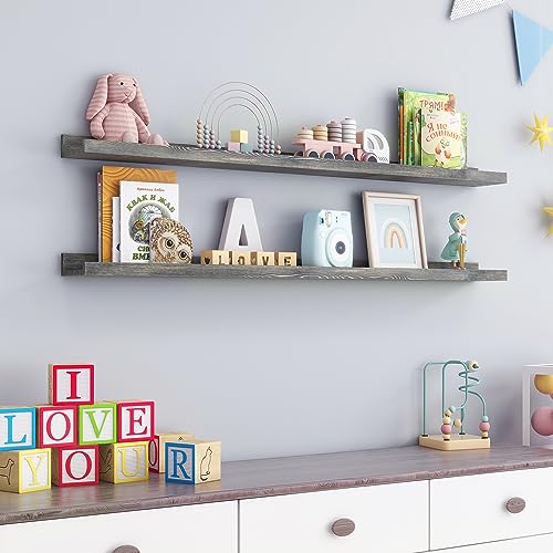 FLYJOE 48 Inches Long Floating Shelves for Wall, Solid Pine Wood Picture Ledge Shelves, Wall Shelves with Lips, Nursery Book Shelves for Toys Storage Living Room Bedroom Photo Frames (2 Pcs, Grey) - color: Grey, size: 48'', set of 2