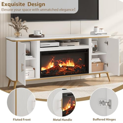 Fluted Fireplace TV Stand Up to 80" TVs, Modern Entertainment Center with 30" Electric Fireplace, Luxury Media Console with Adjustable Shelves for Living Room, White - color: White