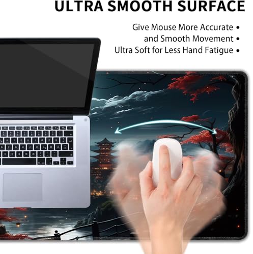 Japanese Full Moon Large Mouse Pad,Gaming Keyboard Desk Pad,Extended Mouse Mat Non-Slip Rubber Base with Stitched Edges for Office Game Home XXL 35.4"x15.7" - color: Japanese Moon, size: 35.4L x 15.7W inches