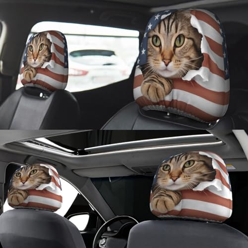 Dujiea 2 Pack American Flag Cat Car Headrest Covers, Universal Soft Car Seat Head Rest Cover Protector, Vehicle Accessories Fabric Headrest Cover for Cars Vans Trucks - color: American Flag Cat
