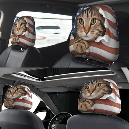 Dujiea 2 Pack American Flag Cat Car Headrest Covers, Universal Soft Car Seat Head Rest Cover Protector, Vehicle Accessories Fabric Headrest Cover for Cars Vans Trucks - color: American Flag Cat
