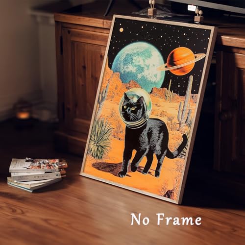 Funny Black Cat Wall Art Canvas Space Poster Vintage Futuristic Surreal Art Print Cat Space Picture Outer Cactus Poster Desert Landscape Paintings Abstract Print Animal Funny Artwork 16x24in No Frame - color: C3Unframed