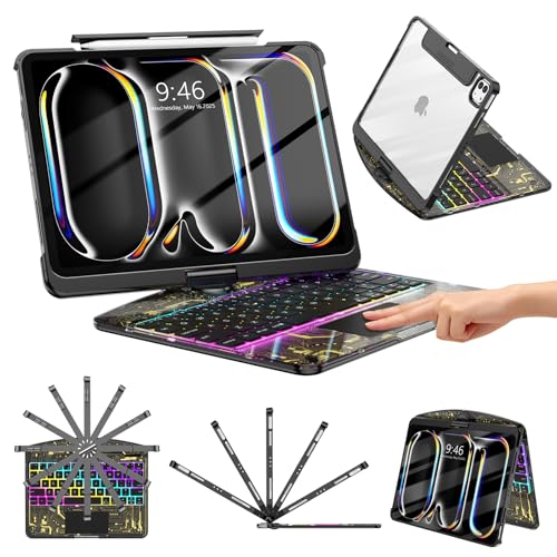 TSQQST Clear Wireless Keyboard Case for iPad Pro 11 Inch (M5/M4) 2025/2024 with Pencil Holder & Multi-Touch Trackpad, Visible PCB, 3-Brightness & 7-Color Backlight, 360° Rotating Stand, Black - color: Clear+Black, size: Pro11 M5/M4