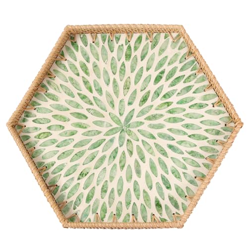 Hexagon Rattan Tray with Mother of Pearl Inlay, Rattan Serving Tray for Coffee, Bread, Fruits, Snacks, Decorative Wicker Tray for Table Decor, Home Decor (Green Leaves, 14.5"×12.8") - color: Green Leaves