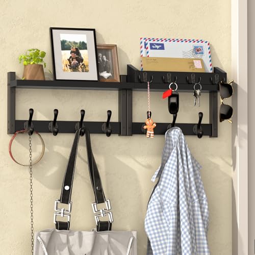29'' Black Coat Rack Wall Mount with Shelf, Solid Wood Coat and Key Hanger with 11 Metal Hooks, Farmhouse Wall Organizer for Mail, Entryway Wall Hangers for Hats, Clothes, Backpacks, Mudroom - color: Black, size: 29Inch