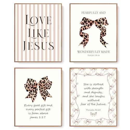 LARTSFRO Coquette Leopard Bow Jesus Wall Art Decor Posters, Y2K Cheetah Leopard Bow Room Bedroom Bathroom Dorm Wall Art Decor Aesthetic for College Teen Girls Gifts, Inspirational Bible Verses Bow Wall Decor, 10x8 Inch Set of 4 Pcs Cheetah Bow Pictures (U