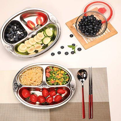 Set of 2 Stainless Steel Divided Platter Dinner Tray 3 Sections Dinner Plates - 304 Stainless steel metal plate for Campers, and for Portion Control - size: H3C (3 Sections)