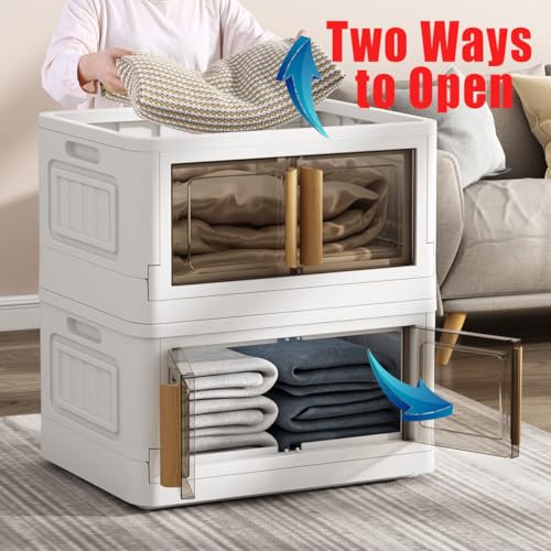 3 Storage Bins with 3 Lids, 78 Qt White Closet Organizers and Storage, 3 Packs Stackable Storage Bins with Wheels,Double Door Collapsible Storage for Home and Office,White