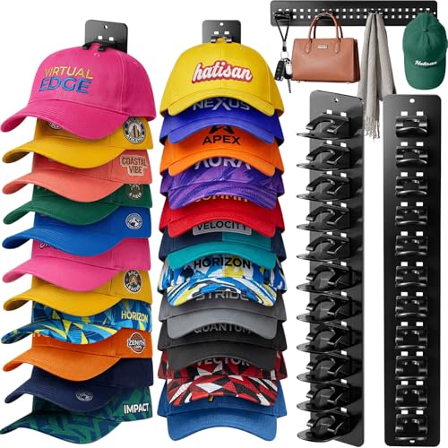 2 Pack Hat Organizer for Baseball Caps, Detachable DIY Hat Rack for Wall Hat Holder Hold up to 22 Hats, Baseball Cap Organizer Cap Holder Hat Hangers for Wall Closet Door Bedroom (C-Black) - color: C-Black