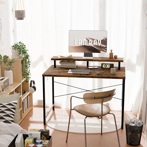 Pamray 32 Inch Small Computer Desk with Monitor Stand, Simple Office Desk with Headphone Hook for Small Spaces, Kids Study Writing Table for Bedroom, Vintage - color: Vintage, size: 32 Inch