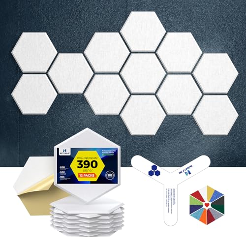 Self-Adhesive Acoustic Panels [390 lbs/yd³ Ultra-High Density], 2nd Generation Sound Absorbing Panel, Professional Level Sound Panel, Polyester Soundproof Foam [Medium Hexagon, White] - color: White, size: Medium Hexagon (12''x10''x0.4'')
