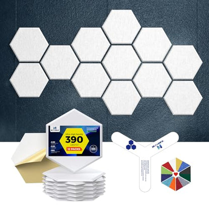 Self-Adhesive Acoustic Panels [390 lbs/yd³ Ultra-High Density], 2nd Generation Sound Absorbing Panel, Professional Level Sound Panel, Polyester Soundproof Foam [Medium Hexagon, White] - color: White, size: Medium Hexagon (12''x10''x0.4'')