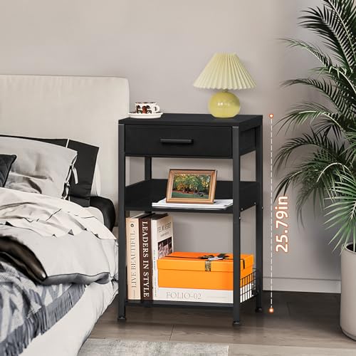 Lerliuo Pure Black Printer Table with Fabric Drawer,3 Tier Industrial Wood Printer Stand with Storage Shelf,Modern Tall End Table,Nightstand,Bed Side Tables for Scanner Fax Home Office Small Spaces - color: Pure Black