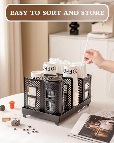 Coffee Cup Holder Organizer Unbreakable 2-IN-1 Paper Cup and Lid Holder with Straw Organizer Adjustable Paper Cup Holder for Countertop Coffee Station Bar Restaurant Breakroom Kitchen Office