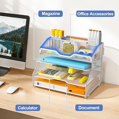 4 Tier Desk Orgnizers and Accessories, Metal Magazine File Holder with Pencil Holder and Handles, Space Saving Desk File Trays for School Office Supplies(White) - color: 4-tier-white
