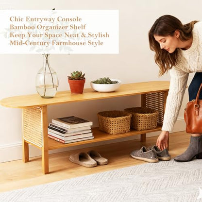 Tiita TV Stand with Storage for TVs up to 65'', Bamboo TV Console Entertainment Center with 2 Open Shelf, Mid Century Modern Media Console for Living Room, Bedroom, Wood - color: Classic Wood