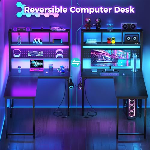 Small Black L Shaped Gaming Desk with Hutch , 47 Inch Corner Gaming Desk with Storage Shelves for Bedroom Small Space, Reversible L-Shaped Computer PC Desks with Pegboard LED Light for Kids Boys Girls