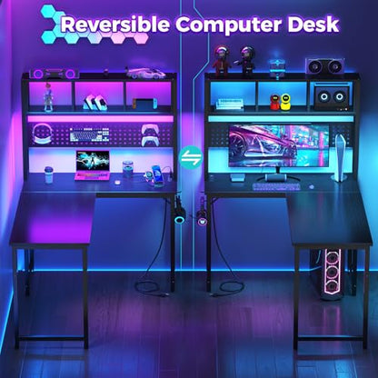 Small Black L Shaped Gaming Desk with Hutch , 47 Inch Corner Gaming Desk with Storage Shelves for Bedroom Small Space, Reversible L-Shaped Computer PC Desks with Pegboard LED Light for Kids Boys Girls