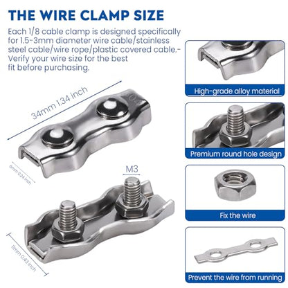 20Pcs M3 304 Stainless Steel Duplex Wire Rope Clips, Duplex Double Bolt Cable Clamps, Reusable 2-Post Wire Rope Clip for 1/8Inch (1.5mm-3mm) Diameter Wire Cable/Wire Rope, Wire Clamp Tool for Outdoors - size: 20pcs-M3(1.5mm-3mm)