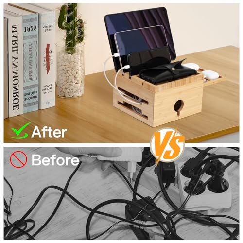 Bamboo Charging Station Organizer, with 5-Cables, No USB Charger | Nightstand Docking Station with Small Tray, Desktop Wood Charger Organizer, Compatible with Cell Phone, Tablet, Earphones - color: With Cables