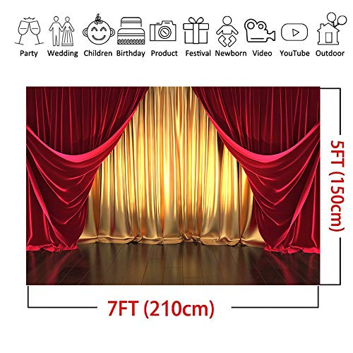 Qian 7x5FT Vinyl 3D Rendering Theater Stage Theme Photography Backdrops Golden and Red Curtains Photo Studio Props Vinyl Background for Wedding Birthday Party Decoration Banner - size: 7x5FT(210CM X 150CM)