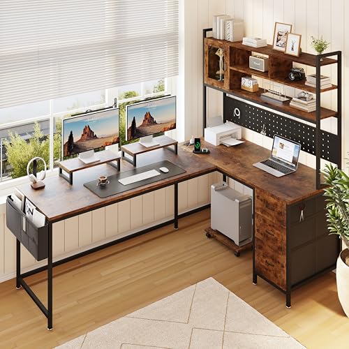 Corner L-Shaped Desk with 3 Storage Drawers, Computer Desk with Power Outlet & Pegboard, Gaming Table with Shelves and LED, Monitor Shelf and Side Storage Bag for Study Room, Rustic Brown - color: Brown