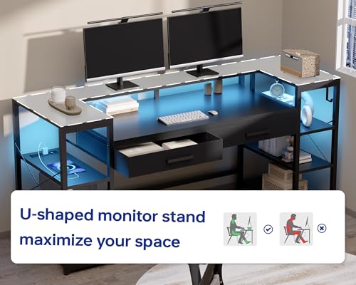 Pamray 58 Inch Computer Desk with Monitor Stand and Shelves Gaming Desk with LED Lights & Power Outlets PC Vanity Table with 2 Drawers for Home Office Black - color: Black