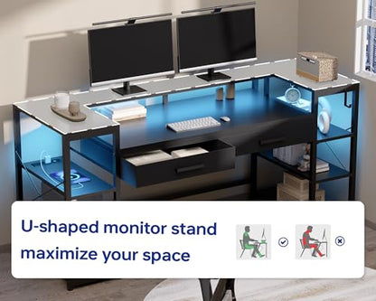 Pamray 58 Inch Computer Desk with Monitor Stand and Shelves Gaming Desk with LED Lights & Power Outlets PC Vanity Table with 2 Drawers for Home Office Marble - color: Marble