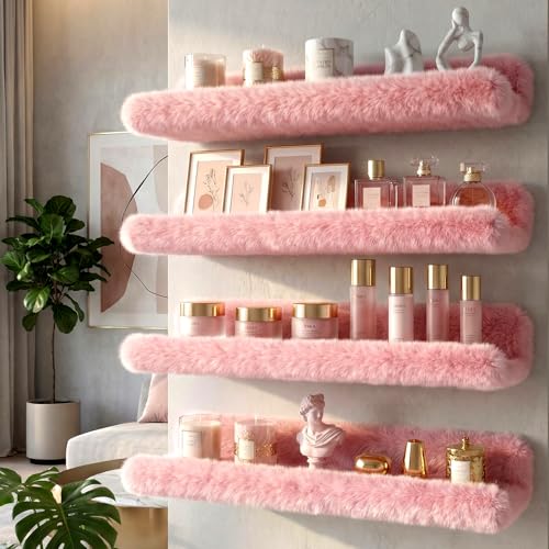 Care&More YJ 15 Inch Nail Polish Shelves, 4-Pack Fuzzy Display Nail Polish Rack for Storing Nail Bottles, Sunglasses, Essential Oils, Plush Soft Pink - color: Pink