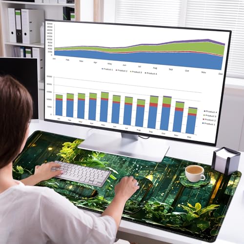 Large Mouse Pad with Wrist Support 4 in1 Set, XXL Big Game Mousepad + Keyboard Wrist Rest+Mouse Wrist Rest Pad +Coaster Gaming Mat for Women Men Home Office Computer I Green Plants Romantic Rain - color: Green Plants Romantic Rain