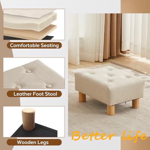 Small Foot Stool Ottoman, Linen Footstool Ottoman Foot Rest for Couch, Rectangle Footstools and Ottomans Small for Living Room, Entryway and Bedroom (Beige) - color: Beige