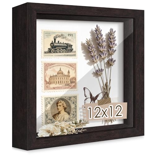 Picrit Shadow Box Frame 12x12, Display Case Box with High Definition Real Glass and Black Back for Memorabilia, Baby Items, Wedding Memories, Crafts, Tickets and Photos, Brown - color: Brown, size: 12x12