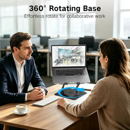 Adjustable Laptop Stand for Desk with 360 Rotating Base, Metal Foldable Laptop Riser Holder, Portable Desktop Book Stands, Ventilated Cooling Computer Notebook Stand Compatible with 10-15.6” Laptops - color: Dark Black-360°