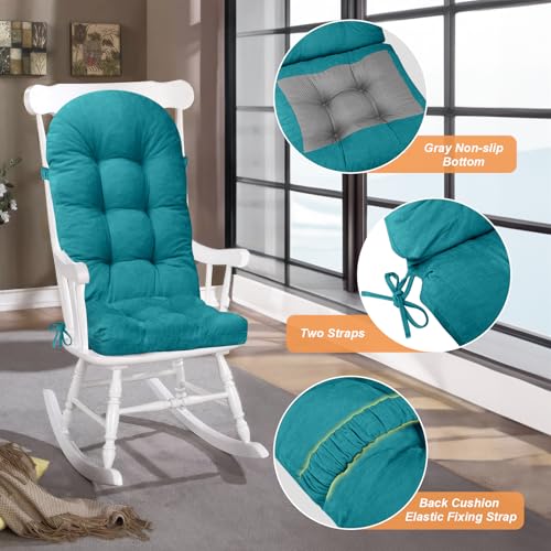 Rocking Chair Cushion - Chenille Fabric, High-Density Sponge, Durable Comfort Non-Slip Bottom Tufted Seat Pads with Ties, Chenille︱Blue, 44x19x4 inch - color: Chenille | Blue