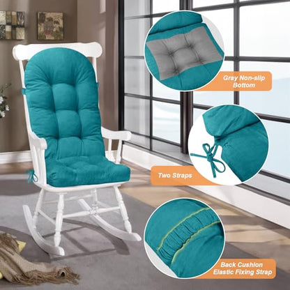 Rocking Chair Cushion - Chenille Fabric, High-Density Sponge, Durable Comfort Non-Slip Bottom Tufted Seat Pads with Ties, Chenille︱Blue, 44x19x4 inch - color: Chenille | Blue