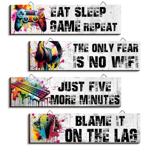 Hatzelou 4Pcs Game Room Hanging Decor Sign, Watercolor Game Wall Wooden Sign, Game Room Accessories Hanging Sign, Gamer Hanging Plaques for Teen Room Bedroom Playroom Decorations, black - size: 4pcs-eat-color