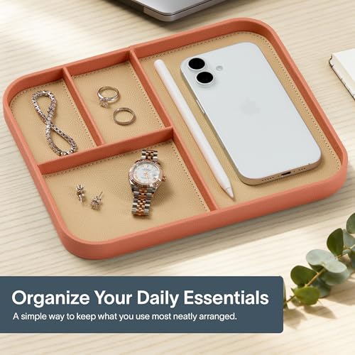 Nordik Leather Valet Tray - Coral Blush Pink - 9.5 x 7.9 Inch Medium Vegan Leather Tray - Stylish Nightstand Organizer for Men - Modern Bedside Caddy - EDC Catchall for Key Watch Wallet Jewellery - color: Coral Blush, size: 9.5in x 7.9in